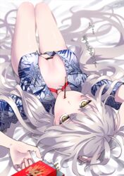  breasts cleavage cosplay fate/grand_order fate_(series) female floral_print food fujimaru_ritsuka_(male) fujimaru_ritsuka_(male)_(cosplay) fujimaru_ritsuka_(male)_(tropical_summer) fujimaru_ritsuka_(male)_(tropical_summer)_(cosplay) hawaiian_shirt highres jeanne_d&#039;arc_alter_(fate) jeanne_d&#039;arc_alter_(swimsuit_berserker)_(fate) long_hair looking_at_viewer lying o-ring omizu_(omz) on_back pale_skin pocky shirt solo very_long_hair white_hair yellow_eyes 