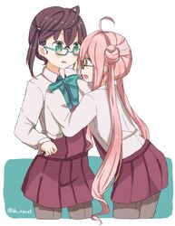  2girls adjusting_another&#039;s_clothes ahoge bad_id bad_twitter_id blouse blue-framed_eyewear blush bow bowtie brown_eyes brown_hair commentary_request double_bun dressing_another glasses green_eyes hair_bun kantai_collection leaning_forward long_sleeves makigumo_(kancolle) multiple_girls okinami_(kancolle) open_mouth pantyhose pink_hair riz_(ravel_dc) school_uniform shirt short_hair sleeves_past_wrists twintails white_shirt yuri 