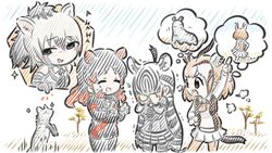  4girls aardwolf aardwolf_(kemono_friends) animal_ears animal_print appleq black_hair blush brown_eyes catsuit commentary_request covering_face crying gazelle_ears gazelle_horns gloves highres hippopotamus_(kemono_friends) hippopotamus_ears horns kemono_friends limited_palette long_hair multicolored_hair multiple_girls necktie open_mouth outdoors plains_zebra_(kemono_friends) print_necktie savanna_striped_giant_slug_(kemono_friends) savannah shirt short_hair skirt sky slug smile streaming_tears tail tears thomson&#039;s_gazelle_(kemono_friends) tree two-tone_hair zebra_ears zebra_print 