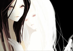  2girls albino arthropod_girl black_background black_hair chaos_witch_quelaag colored_eyelashes colored_skin commentary_request dark_souls_(series) dark_souls_i hand_on_another&#039;s_chest long_hair multiple_girls nirco open_mouth pale_skin photoshop_(medium) quelaag&#039;s_sister red_eyes siblings sisters spider_girl white_hair white_skin 