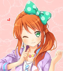  ;3 aikatsu! aikatsu!_(series) bad_id bad_pixiv_id bow braid casual chika_(orange_pop) female finger_to_cheek green_eyes hairbow jewelry necklace one_eye_closed open_mouth orange_hair smile solo tachibana_michelle 