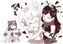  5girls animal_ears antlers bear_ears blush brown_bear_(kemono_friends) commentary covering_another&#039;s_eyes covering_own_eyes eurasian_eagle_owl_(kemono_friends) fur_collar gloves head_wings holding_hands horns interlocked_fingers kemono_friends lion_(kemono_friends) lion_ears long_sleeves monochrome moose_(kemono_friends) moose_ears multiple_girls northern_white-faced_owl_(kemono_friends) shimotsuki_juugo short_hair skirt translation_request wings yuri 