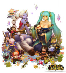  2girls :x aqua_hair armlet ashe_(league_of_legends) bad_cghub_id bad_id bare_shoulders black_sclera blue_skin breasts caitlyn_(league_of_legends) character_doll cleavage collarbone colored_sclera colored_skin corki dagger detached_sleeves ezreal graves_(league_of_legends) hooves horns knife kog&#039;maw large_breasts league_of_legends lips long_hair miss_fortune_(league_of_legends) multi-tied_hair multiple_girls seiza single_horn sitting sivir smile sona_(league_of_legends) soraka_(league_of_legends) sword taemin_park tattoo tristana twintails urgot vayne_(league_of_legends) very_long_hair weapon white_hair wristband yellow_eyes yordle 