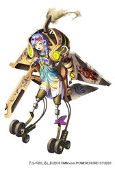  :d blue_dress blue_hair braid commentary_request dress engine eye_print female full_body glyph hairband hook_hand looking_at_viewer mechanical_legs official_art open_mouth prosthesis red_hairband simple_background smile smoke solo standing twin_braids wheel white_background yellow_eyes yuba_no_shirushi zenmaibook 