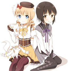  2girls akemi_homura akemi_homura_(cosplay) akemi_homura_(magical_girl) argyle_clothes argyle_legwear black_hair black_pantyhose black_thighhighs blonde_hair blue_eyes bow breasts brown_eyes commentary_request cosplay crossover cup drill_hair funami_yui hairbow katou_emiri kyuubee mahou_shoujo_madoka_magica mahou_shoujo_madoka_magica_(anime) multiple_girls oomuro_sakurako oomuro_sakurako_(cosplay) pantyhose parted_lips pinstripe_pattern red_eyes red_legwear shiramori_sawa sitting small_breasts striped tail teacup thighhighs tomoe_mami tomoe_mami_(cosplay) tomoe_mami_(magical_girl) toshinou_kyouko twin_drills twintails v_arms vertical_stripes voice_actor_connection wariza yuru_yuri 