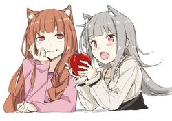  2girls animal_ears apple blunt_bangs blush braid brown_hair commentary_request drooling extra_ears food fruit grey_hair head_rest holding holding_food holo long_hair long_sleeves looking_at_another mother_and_daughter multiple_girls myuri_(spice_and_wolf) oerba_yun_fang open_mouth pink_shirt red_eyes shinsetsu_spice_and_wolf shirt sidelocks simple_background smile spice_and_wolf toromera upper_body white_background wolf_ears 