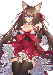  animal_ear_fluff animal_ears bad_id bad_pixiv_id black_sleeves blue_eyes blush breasts brown_hair brown_thighhighs caleen_keemosn cleavage commentary_request coyucom detached_sleeves female frilled_skirt frills hair_between_eyes hair_ribbon hand_on_own_chest hands_up highres holding holding_own_hair long_hair long_sleeves looking_at_viewer red_ribbon red_skirt ribbon ribbon-trimmed_skirt ribbon-trimmed_sleeves ribbon_trim simple_background skirt solo star_ocean star_ocean_anamnesis thighhighs v-shaped_eyebrows very_long_hair white_background white_sleeves wide_sleeves 