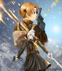  2girls battlefield_(series) battlefield_1 blue_eyes blue_hair british combover commission crossover english german girls_und_panzer kaiserschlacht military multiple_girls orange_hair orange_pekoe pistol poster redo rwby soldier sword thatawkwardonion weapons white_hair winter_schnee world_war_1 world_war_one ww_i ww_one 