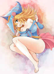  aqua_eyes bare_legs bare_shoulders barefoot blonde_hair blush breasts cleavage commentary_request damenano104 dark_magician_girl duel_monster feet female flipped_hair hair_between_eyes hat highres large_breasts long_hair looking_at_viewer no_panties pentacle showgirl_skirt smile solo thighs toes tongue tongue_out vambraces wizard_hat yu-gi-oh! 