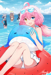  4girls absurdres bikini blue_archive blush breasts floating_hair frilled_bikini frills halo happy heterochromia highres hoshino_(blue_archive) hoshino_(swimsuit)_(blue_archive) inflatable_orca inflatable_toy innertube looking_at_viewer multiple_girls namakisama ocean official_alternate_costume outdoors pink_hair sky small_breasts smile solo_focus swim_ring swimsuit twintails white_bikini 