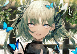  absurdres blue_butterfly blush bug butterfly butterfly_earrings butterfly_hair_ornament commentary_request daimaou_ruaeru earrings female grey_hair hair_ornament highres jewelry long_hair looking_at_viewer open_mouth original partial_commentary pink_eyes smile solo twintails upper_body 