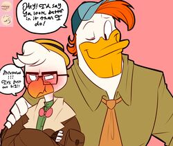  5_fingers anatid anseriform anthro avian aviator_jacket beak bird blush bow_tie brown_eyes chicken clothing dialogue disney duck ducktales duo eyewear feathers fingers galliform gallus_(genus) glasses green_eyes gyro_gearloose hair hat headgear headwear launchpad_mcquack male male/male necktie one_eye_closed orange_hair phasianid pink_background pouting red_hair simple_background speech_bubble volcanicfires white_body white_feathers white_hair wink 