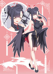  alternate_costume alternate_hairstyle aya_shachou black_dress black_footwear black_gloves black_hair black_wings blue_archive braid braided_bun breasts china_dress chinese_clothes closed_eyes cosplay crossed_legs double_bun dragon_print dress female gloves hair_bun hair_ornament hairclip half_gloves halo hand_up high_heels highres ichika_(blue_archive) impossible_clothes impossible_dress kisaki_(blue_archive) kisaki_(blue_archive)_(cosplay) low_wings pelvic_curtain print_dress side_slit sleeveless sleeveless_dress standing wings 