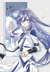  bird black_hair blue_eyes chinese_clothes closed_mouth cloud cloudy_sky female fu_hua fu_hua_(azure_empyrea) fu_hua_(taixuan_impression) grey_background highres honkai_(series) honkai_impact_3rd lilith19980713 long_hair long_sleeves looking_at_viewer shirt sky snowing solo white_shirt 