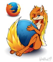  2021 66wolfreak99 anthro breasts browser canid canine earth female firefox fox fur globe hair hi_res holding_planet logo long_hair looking_at_viewer mammal mozilla mozilla_firefox_(character) nude orange_body orange_fur planet signature simple_background solo tail white_background 