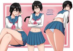  arms_under_breasts artist_name back black_hair bleach blue_skirt braid braided_ponytail crossed_arms crossed_legs female front_and_back glasses highres long_hair midriff miniskirt mistowing multicolored_background navel outline panties pantyshot pink_background pleated_skirt school_uniform serafuku skirt underwear white_background white_outline white_panties yadoumaru_lisa 