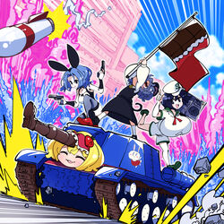  4girls :x absurdres alice_margatroid anchor_symbol animal_ears black_eyes black_footwear black_hair blonde_hair blue_hair blue_sky boombox boots breasts brown_footwear chocolate_bar_print city closed_mouth cloud commentary cookie_(touhou) day dual_wielding dutch_angle explosion fake_animal_ears flag flat_chest flour_(cookie) food-themed_hair_ornament full_body gram_9 green_footwear grey_hair grey_skirt grey_vest gun hair_ornament handgun hat highres holding holding_boombox holding_gun holding_weapon huge_breasts ichigo_(cookie) isu-152 kumoi_ichirin leotard long_sleeves looking_afar looking_at_viewer medium_breasts medium_hair military military_vehicle milk_(cookie) missile motor_vehicle mouse_ears mouse_girl mouse_tail multiple_girls murasa_minamitsu nazrin neckerchief nyon_(cookie) open_mouth outdoors parted_bangs rabbit_ears red_eyes red_footwear red_neckerchief sailor_collar sailor_hat sailor_shirt shirt shoes short_hair shorts skirt sky smile socks strawberry_hair_ornament tail tank touhou tuxedo_leotard v-shaped_eyebrows vest waving_flag weapon white_shirt white_shorts white_socks 