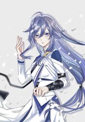  black_hair blue_eyes chinese_clothes closed_mouth female fu_hua fu_hua_(azure_empyrea) fu_hua_(taixuan_impression) grey_background highres honkai_(series) honkai_impact_3rd lilith19980713 long_hair long_sleeves looking_at_viewer shirt simple_background sky snowing solo white_shirt 