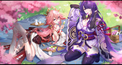  2girls absurdres bare_shoulders barefoot blush breasts bridal_gauntlets bupa_chila commentary crossed_bangs detached_sleeves feet_up food genshin_impact hair_ornament highres japanese_clothes kimono kneeling large_breasts long_hair long_sleeves looking_at_viewer lying mochi mouth_hold multiple_girls on_stomach outdoors pink_hair purple_eyes purple_hair purple_kimono purple_legwear raiden_shogun thighhighs thighs yae_miko 