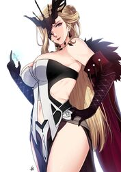  armpits bare_shoulders black_gloves black_mask blonde_hair breasts cleavage female genshin_impact gloves gnosis_(genshin_impact) highres large_breasts long_hair looking_at_viewer mature_female navel signature signora_(genshin_impact) simple_background smile solo white_background xter 