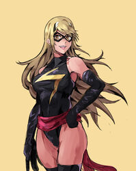  :d bare_shoulders blonde_hair breasts carol_danvers cleavage commentary cosplay domino_mask earrings english_commentary female gloves hand_on_own_hip highres jewelry large_breasts leotard long_hair looking_at_viewer marvel mask ms._marvel ms._marvel_(cosplay) mythra_(xenoblade) open_mouth saiykik simple_background smile solo standing superhero_costume swept_bangs teeth thighhighs upper_teeth_only very_long_hair xenoblade_chronicles_(series) xenoblade_chronicles_2 yellow_background yellow_eyes 