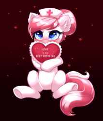  absurd_res blue_eyes blush clothing confetticakez earth_pony english_text equid equine female friendship_is_magic hair hasbro hat headgear headwear heart_symbol hi_res horse mammal my_little_pony nurse_clothing nurse_hat nurse_headwear nurse_redheart pink_hair pony red_background red_cross red_theme simple_background sitting solo text 