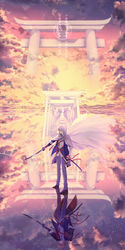  1boy absurdres aqua_eyes armor blonde_hair cloak cloud collared_shirt different_reflection headband highres japanese_armor katana male_focus md5_mismatch multiple_torii necktie one_eye_covered pants reflection rope shide shimenawa shirt shoulder_armor sky sode star_(sky) sunset sword torii torn_clothes torn_pants touken_ranbu translation_request weapon yamanbagiri_kunihiro yamanbagiri_kunihiro_(kiwame) yuuno_(yukioka) 