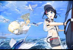  1boy baggy_clothes bare_shoulders baseball_cap bikini bikini_under_clothes black_bikini black_hair black_shorts blue_eyes blue_sky breasts choker collarbone day fate/grand_order fate_(series) female fish flying flying_fish hat highres low_twintails medium_breasts medium_hair multicolored_hair ocean off-shoulder_shirt off_shoulder open_mouth pink_hair scarf see-through shirt short_hair short_shorts short_sleeves short_twintails shorts sidelocks sky smile streaked_hair surfboard swimsuit twintails utsumi_erice utsumi_erice_(swimsuit_avenger) utsumi_erice_(swimsuit_avenger)_(first_ascension) voyager_(fate) white_headwear white_shirt windsurfing yellow_scarf yorurokujuu 