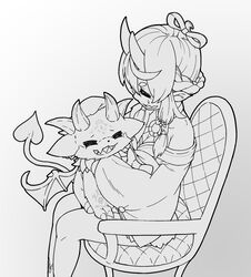  ambiguous_gender anthro black_and_grey chair clothed clothing debidebi_debiru demon demon_humanoid duo female fur furniture grey_body grey_fur head_horn hooves horn humanoid membrane_(anatomy) membranous_wings monochrome nijisanji on_chair on_lap oribiyo rindou_mikoto semi-anthro sitting sitting_on_chair sitting_on_lap spade_tail tail vtuber wings 