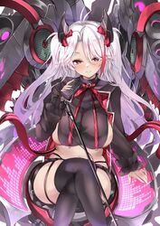  azur_lane black_panties black_shorts blush boots bow breasts crop_top crossed_legs female grin hair_over_one_eye hairbow half-closed_eyes hand_up headgear highleg highleg_panties highres holding holding_microphone large_breasts long_hair looking_at_viewer micro_shorts microphone microphone_stand midriff mole mole_on_breast multicolored_hair mutou_mame orange_eyes panties plaid plaid_bow prinz_eugen_(azur_lane) prinz_eugen_(muse)_(azur_lane) red_bow red_hair rigging shorts sideboob sideboob_cutout sitting smile solo streaked_hair thigh_boots two-tone_hair underwear very_long_hair white_hair 