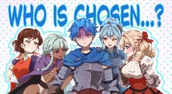  1boy 4girls alain_(unicorn_overlord) aqua_hair armor blonde_hair blue_eyes blue_hair blush braid braided_bun breasts brown_hair cleavage cloak cousins dark-skinned_female dark_elf dark_skin dress drill_hair elf gauntlets gloves green_eyes hair_between_eyes hair_bun hair_intakes hair_ribbon hairband harem highres hikari_(h_pikari) implied_incest jealous leotard long_hair melisandre_(unicorn_overlord) multiple_girls open_mouth pointy_ears puffy_sleeves purple_cloak red_dress red_eyes ribbon rosalinde_(unicorn_overlord) scarlett_(unicorn_overlord) short_hair smile strapless sweater turtleneck turtleneck_sweater unicorn_overlord very_long_hair virginia_(unicorn_overlord) white_gloves 