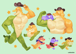  4_fingers abs absurd_res alligator alligatorid anthro artist_name biceps blue_kerchief blue_neckerchief bowler_hat brown_clothing brown_hat brown_headwear caldatelier candy chad_(tadc) clothing colored cowboy_hat crocodilian dessert digital_media_(artwork) digital_painting_(artwork) featureless_chest featureless_crotch featureless_feet feet fingers flexing flexing_bicep food food_creature glistening glistening_body glitch_productions green_body green_tail group gummigoo_(tadc) gummy_(food) gummy_creature hat headgear headwear hi_res kerchief living_candy male max_(tadc) mostly_nude_anthro mostly_nude_male multiple_images muscular muscular_anthro muscular_male neckerchief pecs purple_body red_body red_tail reptile running scalie solo_focus tail the_amazing_digital_circus tipping_hat trio yellow_body yellow_star 