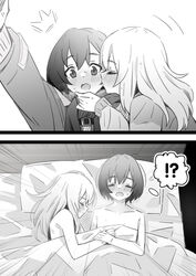  !? 2girls after_sex arm_up blush commentary_request greyscale highres holding_hands jacket kissing kissing_cheek kouzuki_mahiru long_hair long_sleeves lwmina70119 monochrome multiple_girls nude on_bed open_mouth pillow short_hair smile sweatdrop thought_bubble under_covers yamanouchi_kano yoru_no_kurage_wa_oyogenai yuri 