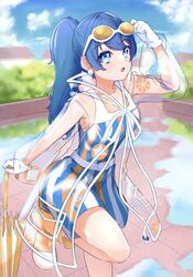  :o absurdres after_rain ameagari_street_(love_live!) armpit_crease blue_dress blue_eyes blue_hair blue_sky boots breasts bush closed_umbrella cloud collarbone dark_blue_hair dress eyewear_on_head female foot_out_of_frame gloves highres holding holding_umbrella leg_up link!_like!_love_live! long_hair long_sleeves looking_up love_live! medium_breasts multicolored_clothes multicolored_dress murano_sayaka official_alternate_costume open_mouth orange-tinted_eyewear orange_dress orange_footwear orange_umbrella ponytail puddle short_dress sky sleeveless sleeveless_dress solo standing striped_clothes striped_dress sunglasses tinted_eyewear tomoe_(tomoe_200) transparent_raincoat two-tone_umbrella umbrella vertical-striped_clothes vertical-striped_dress virtual_youtuber white-framed_eyewear white_dress white_gloves white_umbrella 