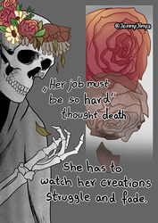  5_fingers animated_skeleton bone bone_hand death death_(personification) decaying dialogue duo english_text fingers flower flower_crown hood hood_down humanoid internal_dialogue jenny_jinya loving_reaper male plant rose_(flower) skeleton skull skull_head text undead 