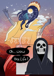  5_fingers animated_skeleton bone cloak closed_eyes clothing cloud death_(personification) dialogue duo female fingers hood hood_up humanoid jenny_jinya life_(jenny_jinya) loving_reaper male robe skeleton skull skull_head smile spirit starry_hair undead 