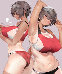  adjusting_buruma adjusting_clothes armpits ass black_buruma black_sports_bra breasts brown_eyes brown_hair buruma cleavage clothes_pull female highres hot huge_breasts marushin_(denwa0214) multicolored_buruma multicolored_sports_bra multiple_views navel original pulling_own_clothes red_buruma red_sports_bra short_hair simple_background sports_bra sports_bra_pull stretching sweat tan tanlines white_buruma white_sports_bra 