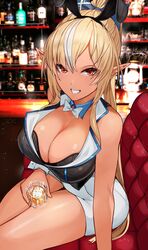  absurdres blonde_hair blush bow bra breasts bunny_garden cleavage commentary_request dark-skinned_female dark_elf dark_skin elf female hairbow high_ponytail highres hololive large_breasts long_hair looking_at_viewer multicolored_hair nontraditional_playboy_bunny open_mouth pointy_ears ponytail red_eyes shiranui_flare sidelocks smile solo streaked_hair tomo0843 underwear virtual_youtuber 