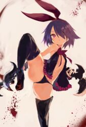  babydoll bare_shoulders black_panties blood blue_hair boots breasts cosplay demon_reaper demon_reaper_(cosplay) disgaea dual_wielding female hair_over_one_eye hairband highres holding holding_weapon kakuwashi leg_blade leg_up navel panties pleinair purple_eyes refrain_no_chika_meikyuu_to_majo_no_ryodan short_hair small_breasts solo standing standing_on_one_leg thigh_boots underwear weapon 