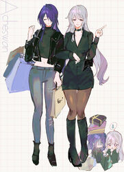  2girls absurdres acheron_(honkai:_star_rail) alternate_costume bag black_bag black_footwear black_jacket black_swan_(honkai:_star_rail) boots brown_pantyhose chibi chibiya1010 choker closed_eyes closed_mouth commentary denim facing_viewer full_body grey_hair hair_over_one_eye handbag high_heels highres holding holding_bag honkai:_star_rail honkai_(series) jacket long_hair long_sleeves looking_to_the_side midriff multiple_girls multiple_views open_clothes open_jacket pants pantyhose pointing pointing_to_the_side purple_hair simple_background spoken_sweatdrop standing sweat sweatdrop thigh_boots yuri 