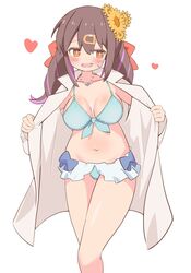  averting_eyes bikini blue_bikini blush brown_eyes brown_hair coat commentary_request duplicate facing_viewer feet_out_of_frame female flower hair_flower hair_ornament hairclip heart highres jewelry long_hair multicolored_hair necklace onii-chan_wa_oshimai! open_mouth oyama_mihari pon_sugar purple_hair simple_background smile solo standing stomach stomach_day streaked_hair swimsuit twintails white_background 