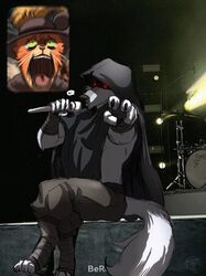  2boys artist_request bereal black_cloak cat_nose cavalier_hat cloak crying death_(puss_in_boots) fan_screaming_at_madison_beer_(meme) feathers furry furry_male highres male_focus meme microphone multiple_boys orange_cat orange_fur puss_in_boots puss_in_boots:_the_last_wish puss_in_boots_(shrek) red_eyes shrek_(series) tail wolf wolf_boy yellow_feathers 