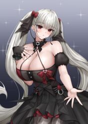  absurdres azur_lane bare_shoulders black_dress black_gloves blush bow breasts cleavage collarbone commentary_request dress female fingerless_gloves formidable_(azur_lane) formidable_(muse)_(azur_lane) gloves gradient_background hair_ornament hairbow hand_up highres large_breasts long_hair looking_at_viewer official_alternate_costume parted_lips red_bow red_eyes simple_background solo twintails ueyama_0clock very_long_hair white_hair 