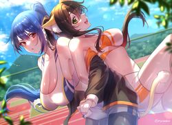  2girls absurdres animal_ear_fluff animal_ears armpit_crease assisted_stretching back-to-back bare_shoulders bike_shorts black_jacket blue_hair blue_shorts blue_sky blue_sports_bra breasts brown_hair cat_ears cat_tail cleavage cloud commentary commission fence floating_hair flying_sweatdrops from_side green_eyes hair_between_eyes hair_floating_upwards high_ponytail highres jacket large_breasts leaf leg_up locked_arms long_hair looking_at_another medium_breasts mountain mountainous_horizon multicolored_clothes multicolored_shorts multicolored_sports_bra multiple_girls off_shoulder open_mouth orange_shorts orange_sports_bra orange_trim original pantyhose_under_shorts parted_lips red_eyes shorts sideboob sidelocks skeb_commission sky sports_bra stretching sweat tail teeth track_and_field tree two-tone_shorts two-tone_sports_bra underwear very_long_hair white_shorts white_sports_bra yayoi_maka 