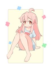  ahoge bare_legs barefoot blush brown_eyes closed_mouth commentary_request convenient_leg female full_body genderswap_(mtf) grey_shirt hair_between_eyes highres long_hair looking_at_viewer no_pants onii-chan_wa_oshimai! oyama_mahiro pink_hair pon_sugar rule_63 shirt short_sleeves simple_background sitting smile solo t-shirt 