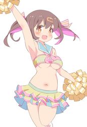  armpits blush breasts brown_hair cheerleader colored_inner_hair commentary_request feet_out_of_frame female frilled_skirt frills hair_ornament hairclip highres looking_at_viewer medium_breasts medium_hair microskirt multicolored_hair onii-chan_wa_oshimai! open_mouth oyama_mihari pom_pom_(cheerleading) pon_sugar purple_hair simple_background skirt smile solo white_background 