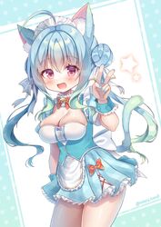  :d ahoge animal_ear_fluff animal_ears aqua_hair aqua_wristband arm_at_side back_bow bell blue_dress blue_hair blue_nails blush bow bowtie breasts cat_ears cat_girl cat_tail center_frills cleavage collar cowboy_shot detached_collar double_bun dress dress_bow eyelashes female frilled_dress frills hair_between_eyes hair_bun hair_ribbon hand_up highres himeno_ame jingle_bell long_hair looking_at_viewer maid maid_headdress medium_breasts multicolored_hair nail_polish neck_bell oerba_yun_fang open_mouth original pink_eyes pleated_dress red_bow red_bowtie ribbon short_dress short_sleeves sidelocks smile star_(symbol) striped_bow tail twintails twitter_username v white_bow white_collar white_ribbon wrist_cuffs 