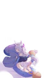  absurdres aged_down animal_ear_fluff animal_ears azur_lane blue_eyes blue_kimono blue_ribbon female fox_ears fox_girl fox_tail from_behind hair_ribbon highres holding holding_pillow japanese_clothes kimono leg_warmers looking_at_viewer medium_hair nako_shimpuku_u_ware no_shoes one_eye_closed parted_lips pillow pleated_skirt ribbon shinano-chan_(azur_lane) skirt soles solo tail toes white_leg_warmers white_skirt 