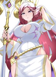  braid breasts cleavage cleavage_cutout clothing_cutout curvy female fire_emblem fire_emblem_heroes gold_trim highres holding holding_staff large_breasts loki_(fire_emblem) loki_(trickster_god)_(fire_emblem) mage_staff official_alternate_costume ondur pelvic_curtain purple_eyes purple_hair single_braid solo staff waist_cape wide_hips 