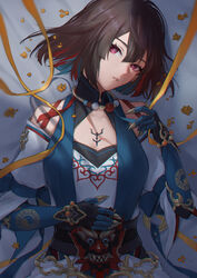  above_cleavage_cutout belt black_belt blue_gloves blue_hair blue_sleeves breasts bright_pupils brown_hair chest_tattoo clawed_gauntlets clothing_cutout detached_sleeves female gloves hair_between_eyes hand_on_own_stomach highres honkai:_star_rail honkai_(series) looking_at_viewer lying medium_breasts michiko_(ui29) multicolored_hair on_back parted_lips red_eyes red_hair shirt short_hair shoulder_cutout sidelocks solo tattoo upper_body white_pupils white_shirt xueyi_(honkai:_star_rail) yin_yang 